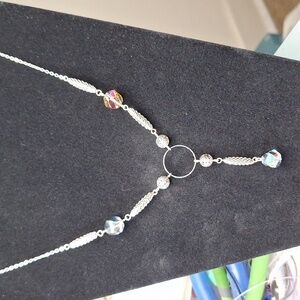 Silver tone rainbow color crystal mesh beaded necklace